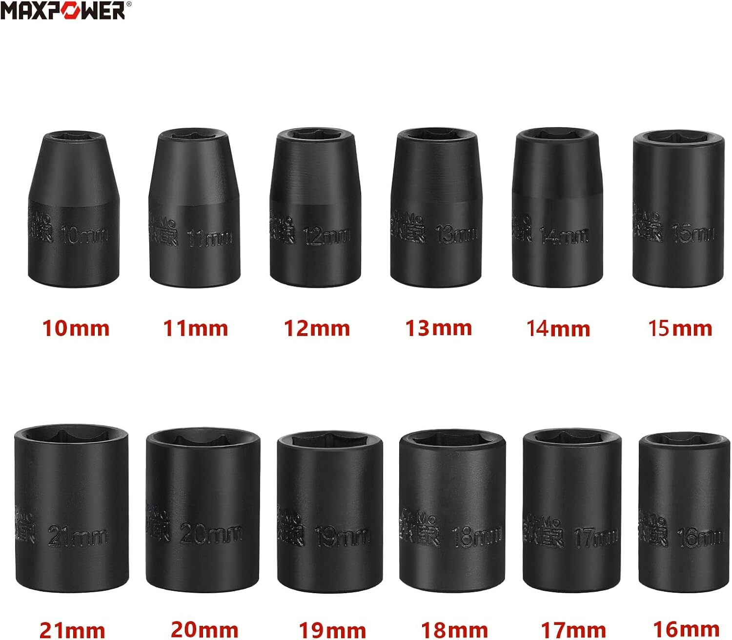 1/2″ Drive Impact Socket Set, 12 Pieces Metric Impact Sockets, 6-Point Metric Im