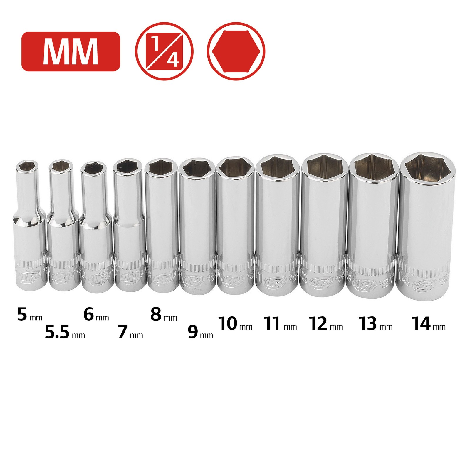 Ingersoll Rand 11 Piece 1/4 Inch Drive Metric 6 Point Deep Socket Set – 752045X