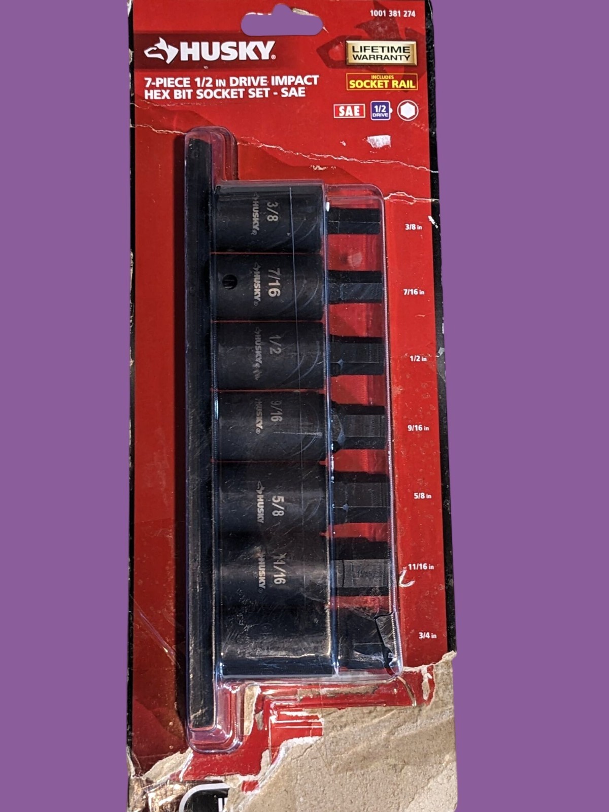 Husky 1/2 In. Drive Hex Bit Impact Socket Set SAE 7-Pieces with Rail 3/8 to 3/4