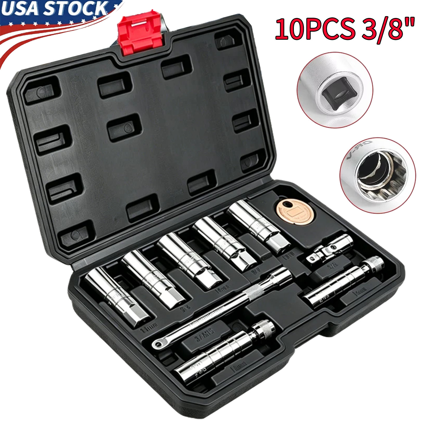 10PCS 3/8″Drive Magnetic Spark Plug Socket Set 6PT&12PT Extension Bar CR-V Steel