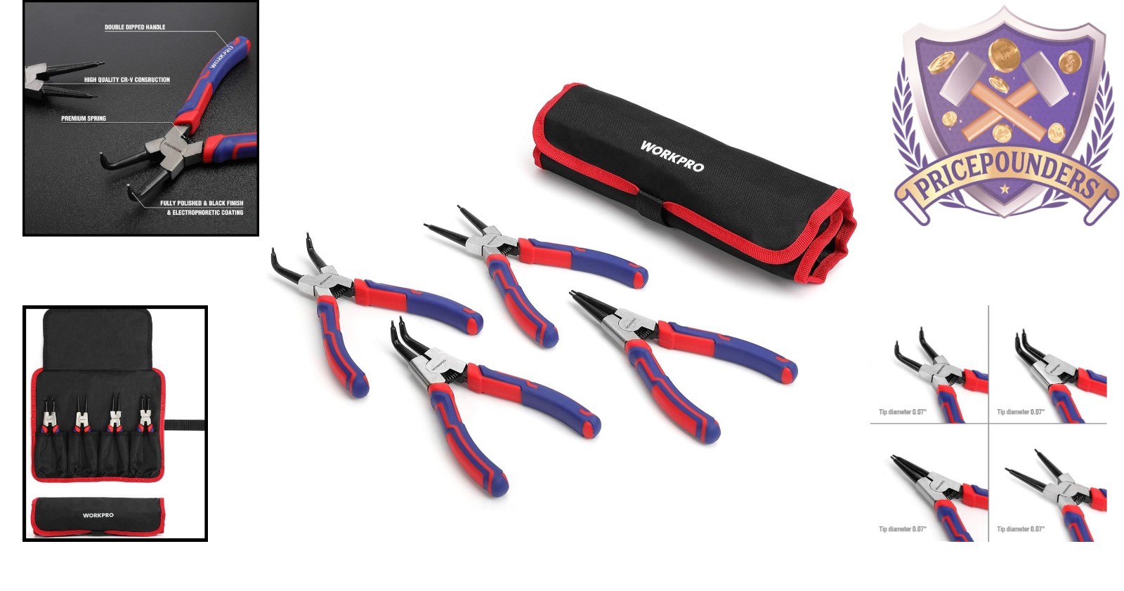 4-Piece Heavy Duty Snap Ring Pliers Set 7-inch External Internal Circlip Tools