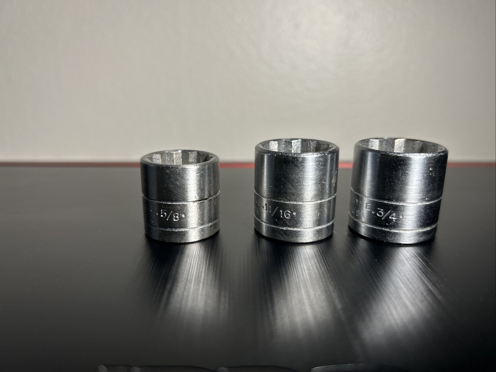 SK Wayne 5/8, 11/16, 3/4 Vintage Sockets. 3/8s Drive 12 Point 3 Item Lot