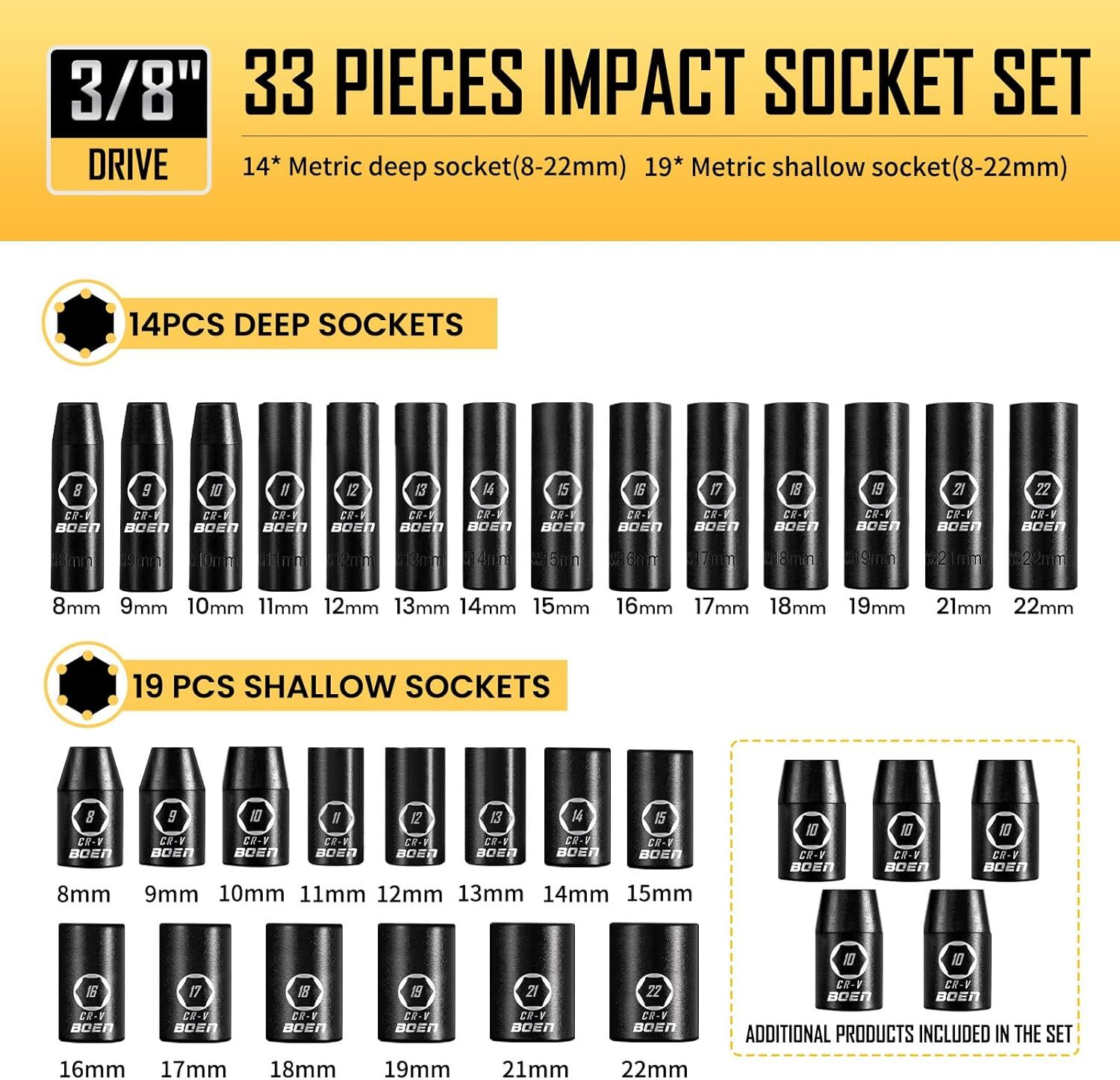 3/8″ Drive Impact Socket Set, 57-Piece Standard SAE (5/16 to 3/4 inch) and Metri