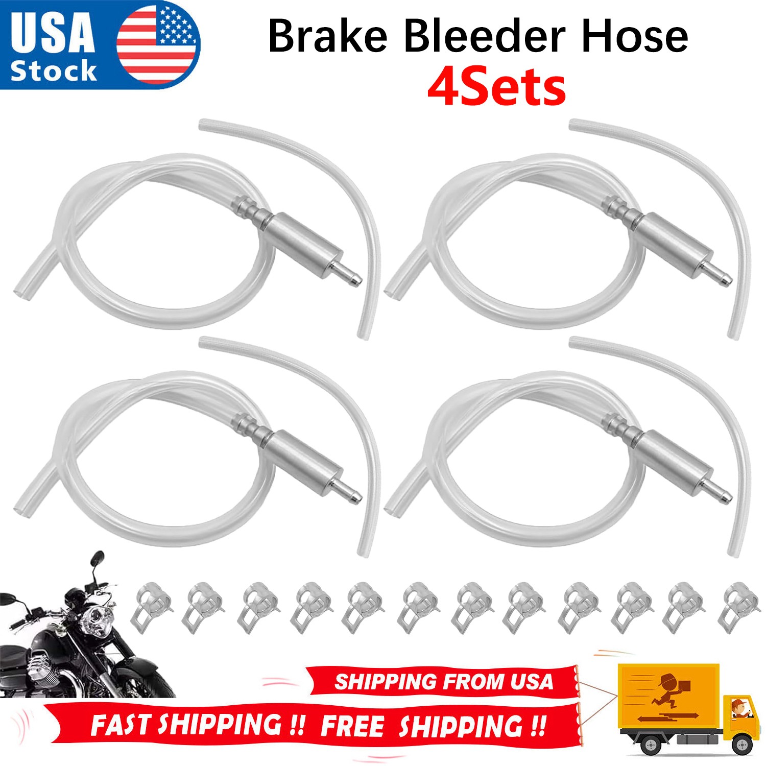 4 PCS Brake Bleeder Hose, One Way Check Valve Tube Bleeding Tool Kit Silver US