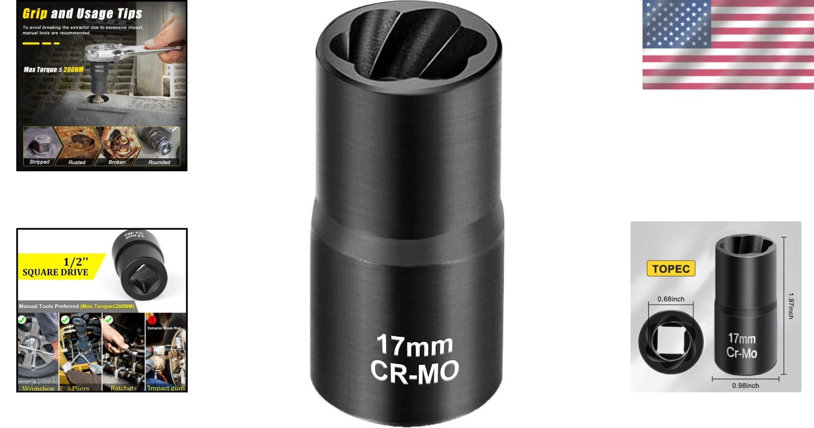 17mm Hand Tool Lug Nut Extractor, Black Phosphate Coated for Maximum Durability