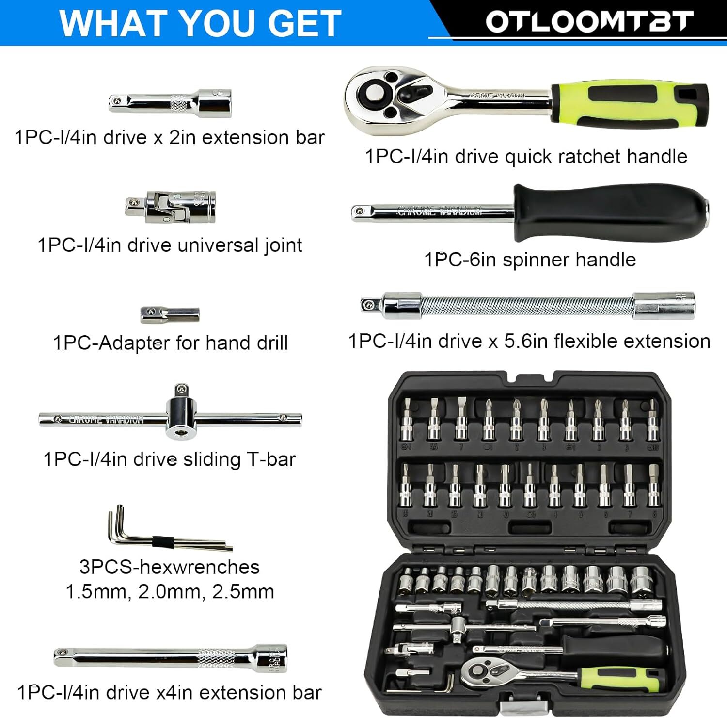 46 Pieces 1/4 Inch Drive Industrial Grade Socket Ratchet Black and Silver