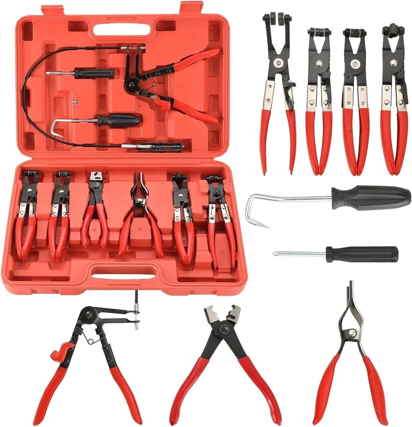 9Pc Hose Clamp Clip Remover Pliers Wire Long Reach Kit Fuel Oil Water Hose Tool