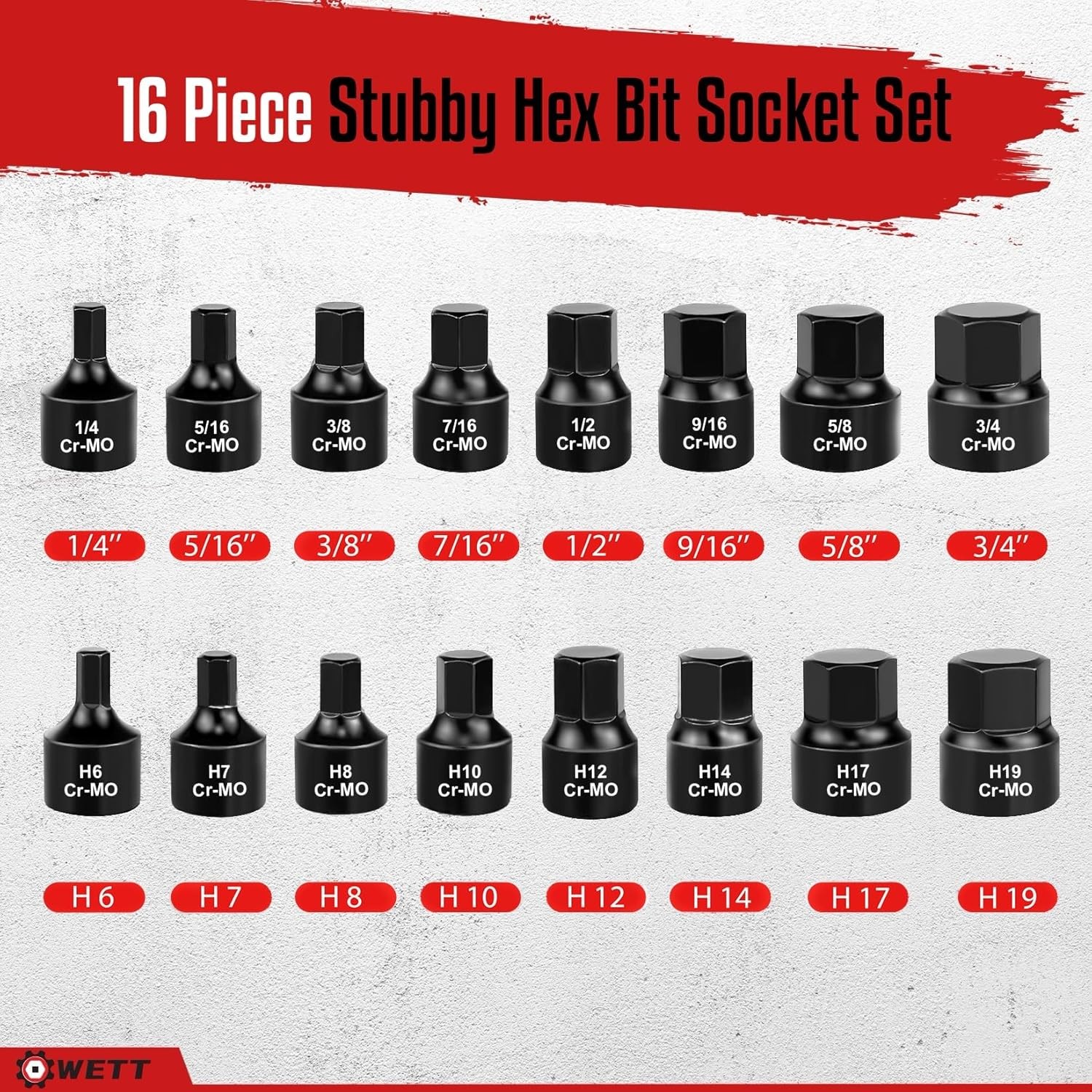 16 Pieces 3/8″ Drive Low Profile Stubby Hex Socket Impact Bit Cr-Mo Steel