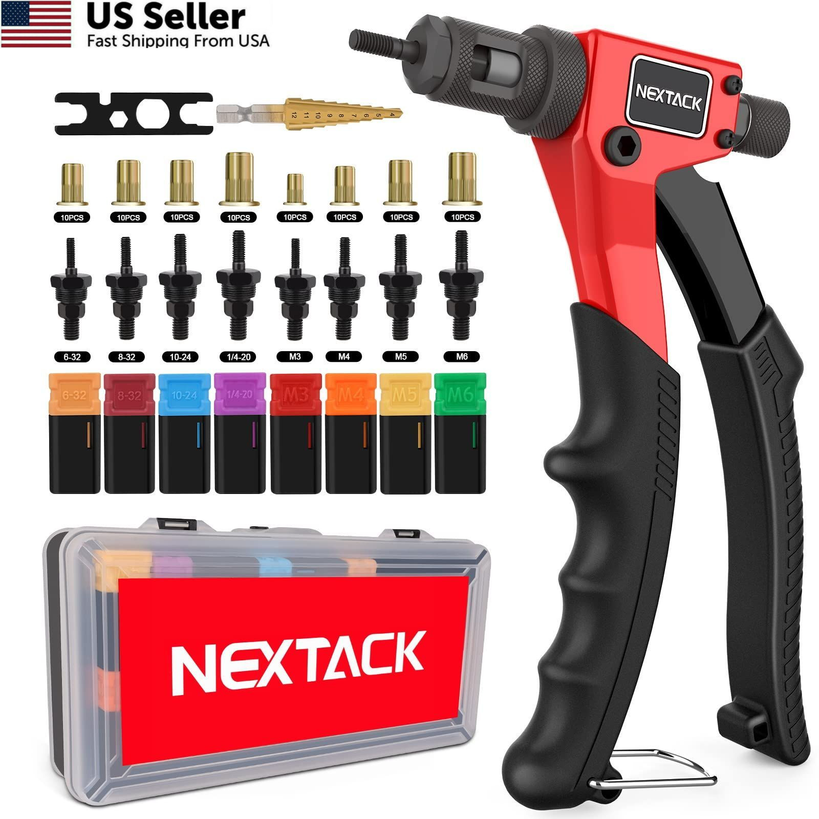 NEXTACK Rivet Nut 8-inch Single-handed Rivnut Tool Kit/80 Nutserts, Red,Black