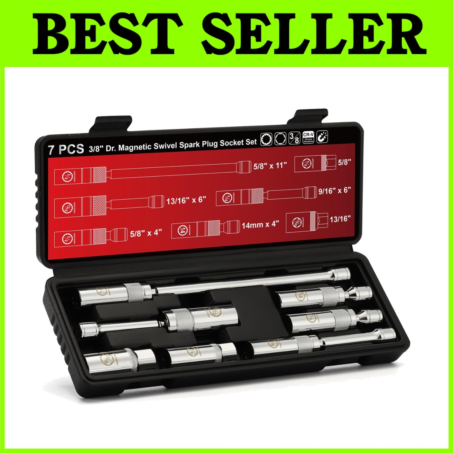 7-Piece 3/8″ Dr. Magnetic Swivel Spark Plug Socket Set