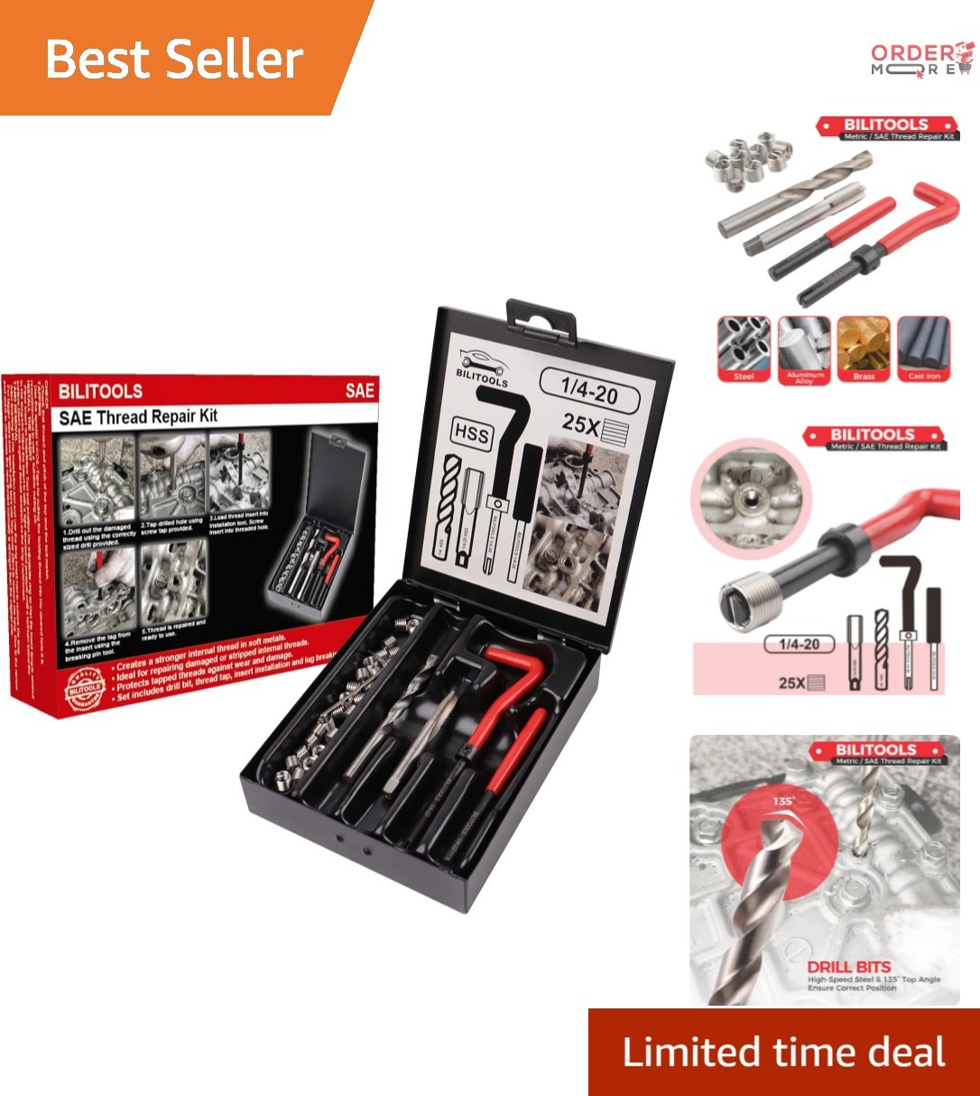 Thread Repair Kit 1/4-20 Inch SAE HSS Drill Helicoil for Damaged Threads