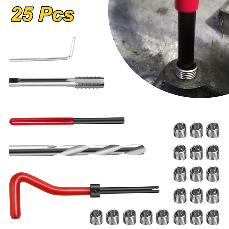 25 PCS Auto Thread Repair Kit M8X1.25 Pro Car Stainless Helical Coil Insert Tool