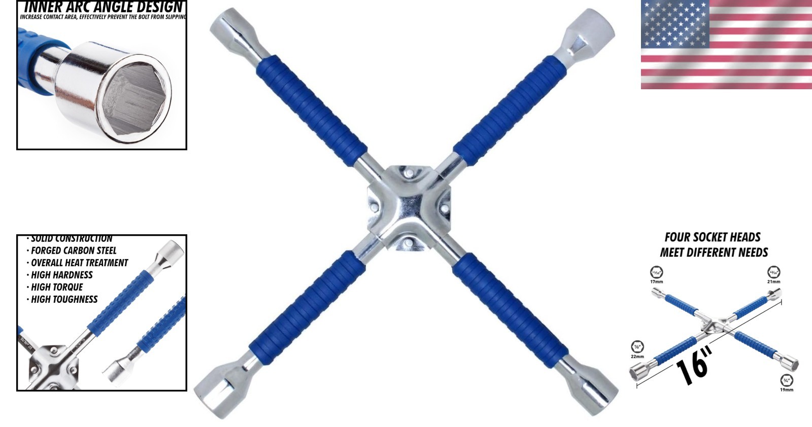 Polished Chrome 4-Way Tire Wrench – 16-Inch Heavy Duty with Torque Power