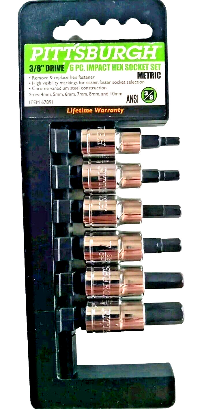 Pittsburgh 3/8 Inch Drive 6 Pc 4,5,6,7,8,10mm Impact Hex Socket Set Metric- New.