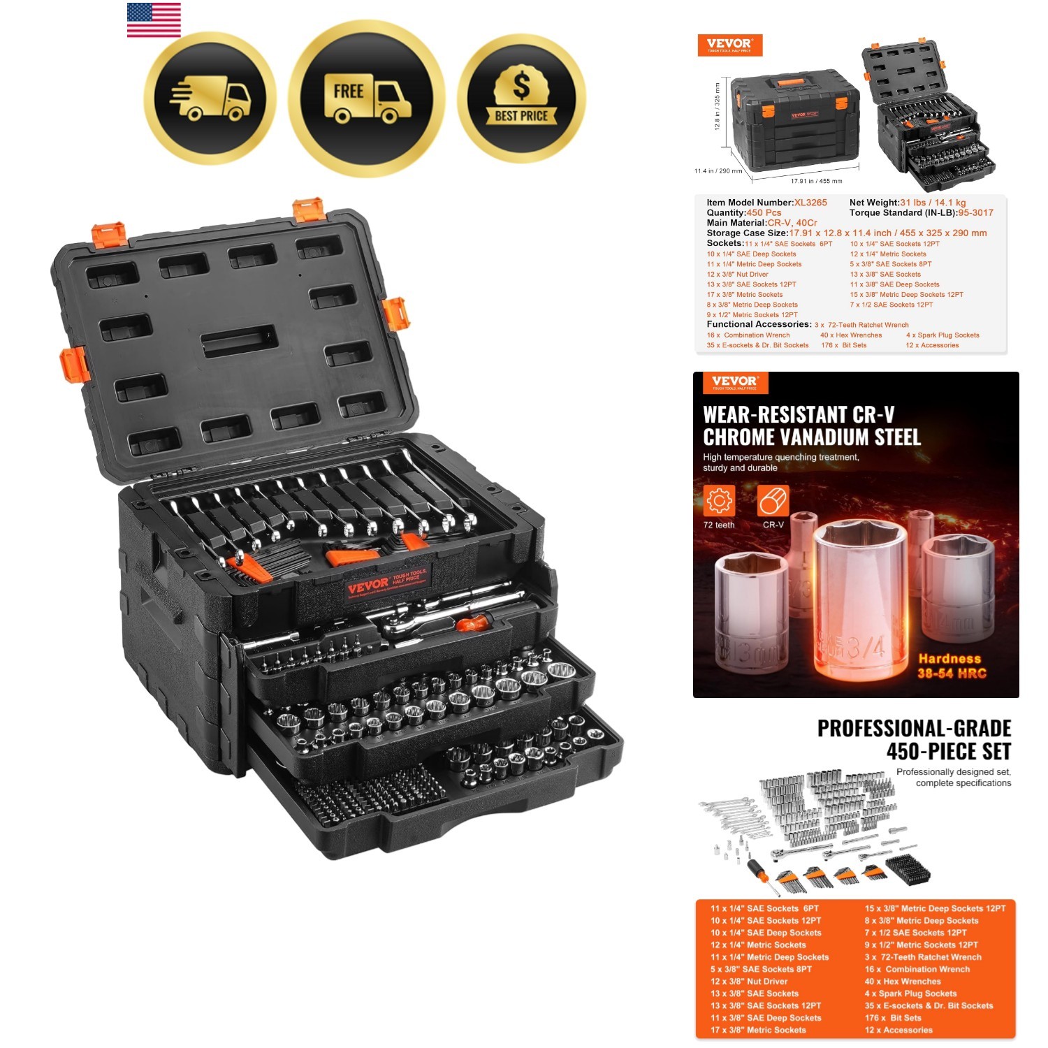 Mechanics Tool Set and Socket Set, 1/4″ 3/8″ 1/2″ Drive Deep and Standard Soc…