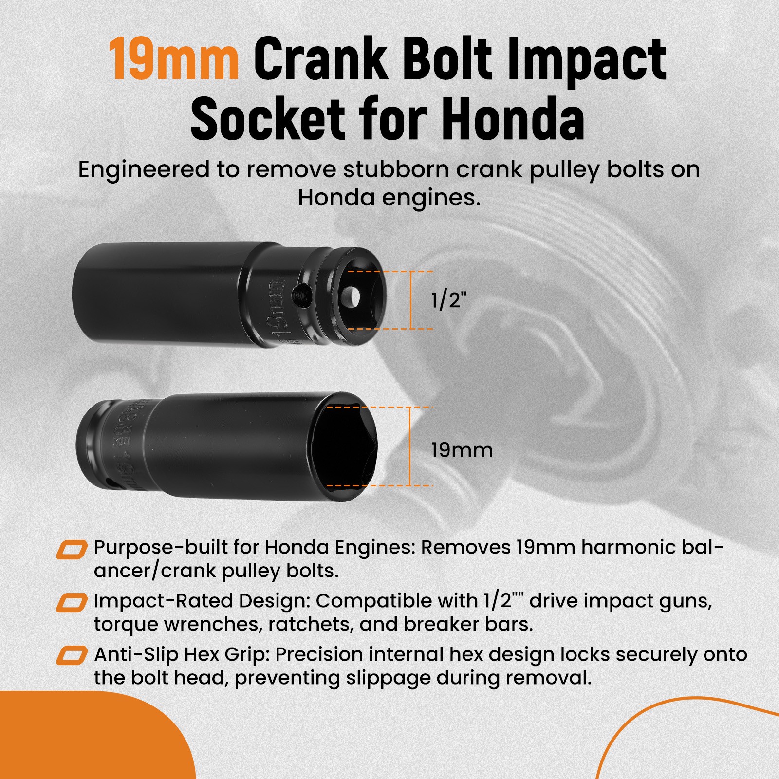 Crank Bolt Socket for Honda CR-V/Element 2.0L/2.4L 1997+ Steel Tool