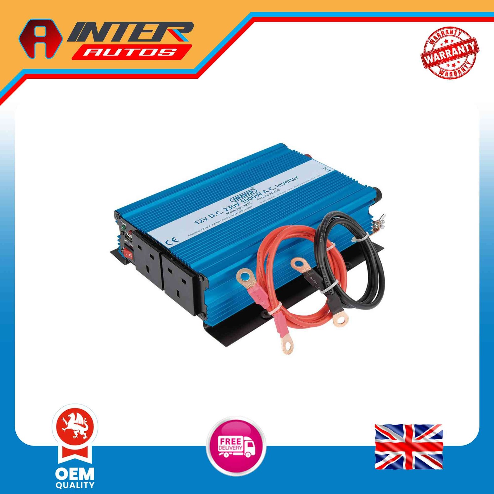 Draper 12V DC-AC Inverter, 1000W 23245