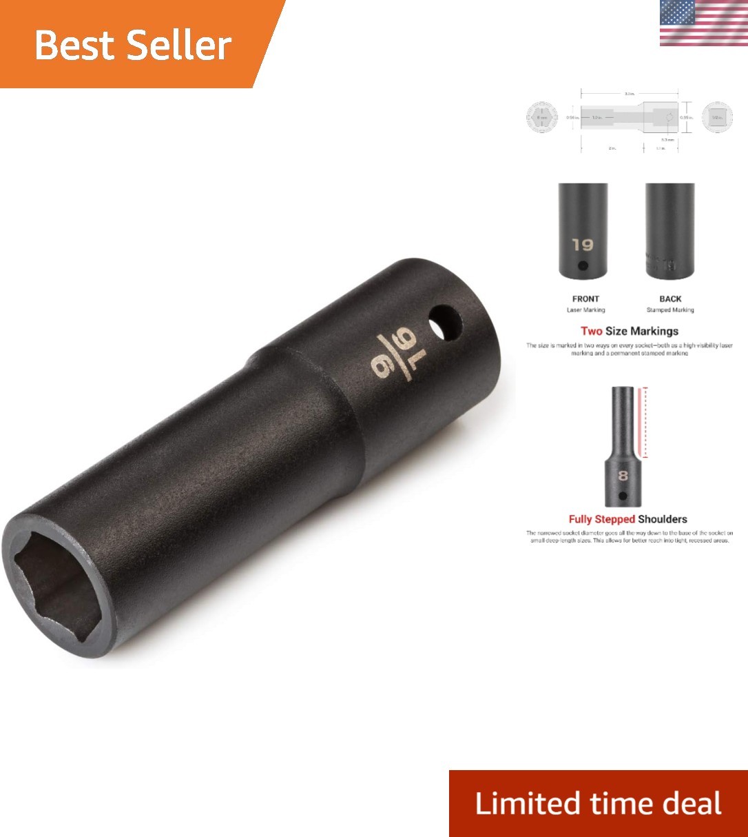 1/2 Inch Drive x 9/16 Inch Deep 6-Point Impact Socket – Durable Alloy Steel