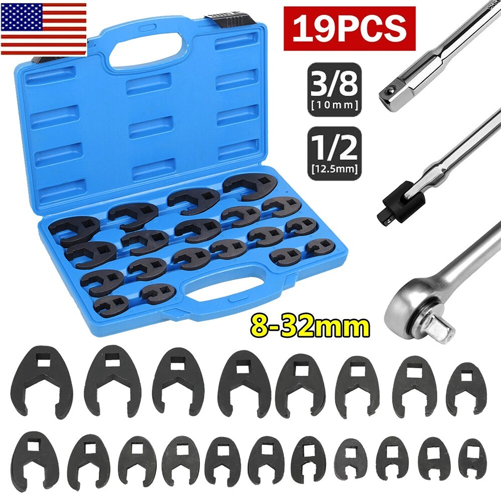 19PCS Flare Nut Crowfoot Wrench Set Metric Crows Foot Wrench Kit 3/8″ 1/2″ Drive