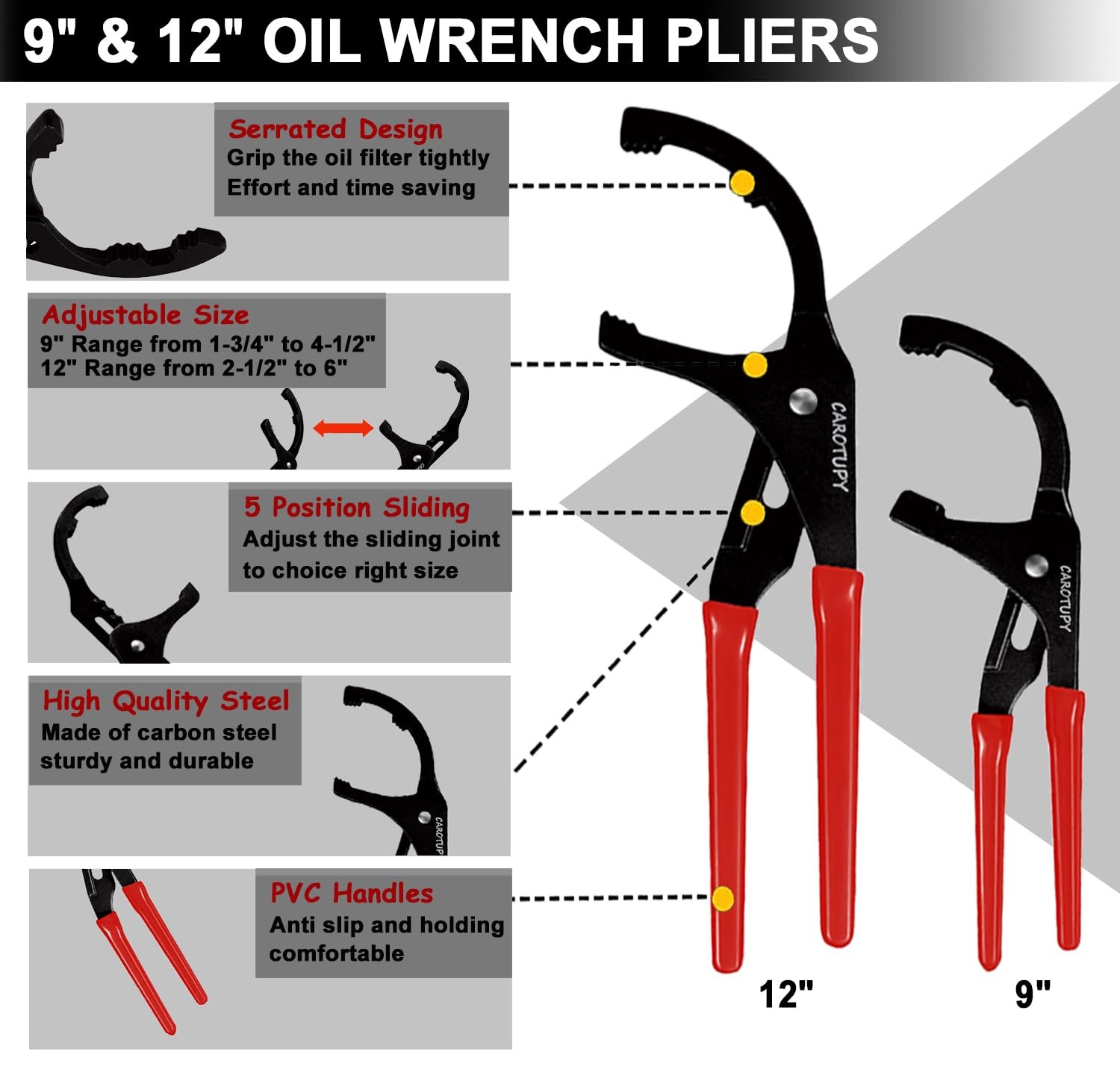 CAROTUPY 9pcs Oil Filter Wrench 9-Piece Set (1-3/4″ – 6″), Black&red&silver