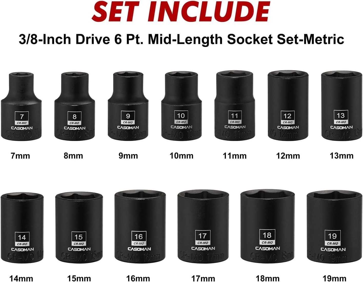 13PCS 3/8″Drive Magnetic Socket Set, Shallow, 6-Point, Metric, 7mm to 19mm, CR-M