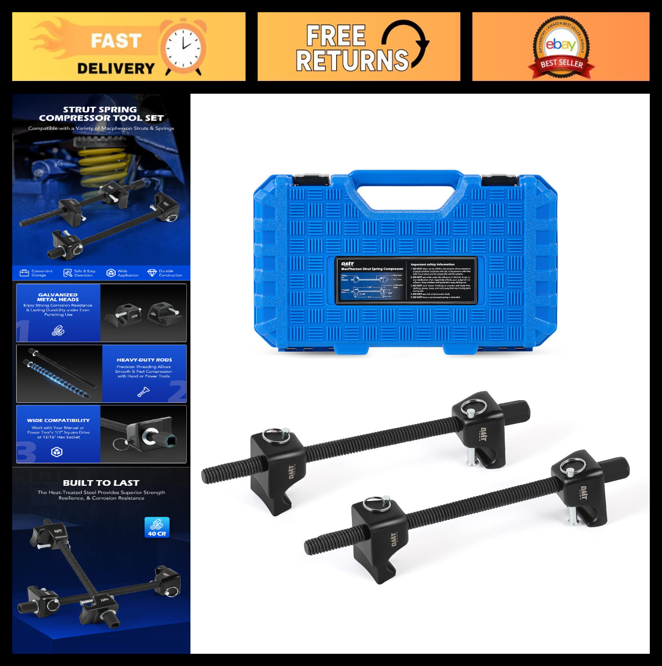 Heavy Duty Macpherson Strut Spring Compressor Tool Set, 10.5″ Range, 2pc, 1/2″ D