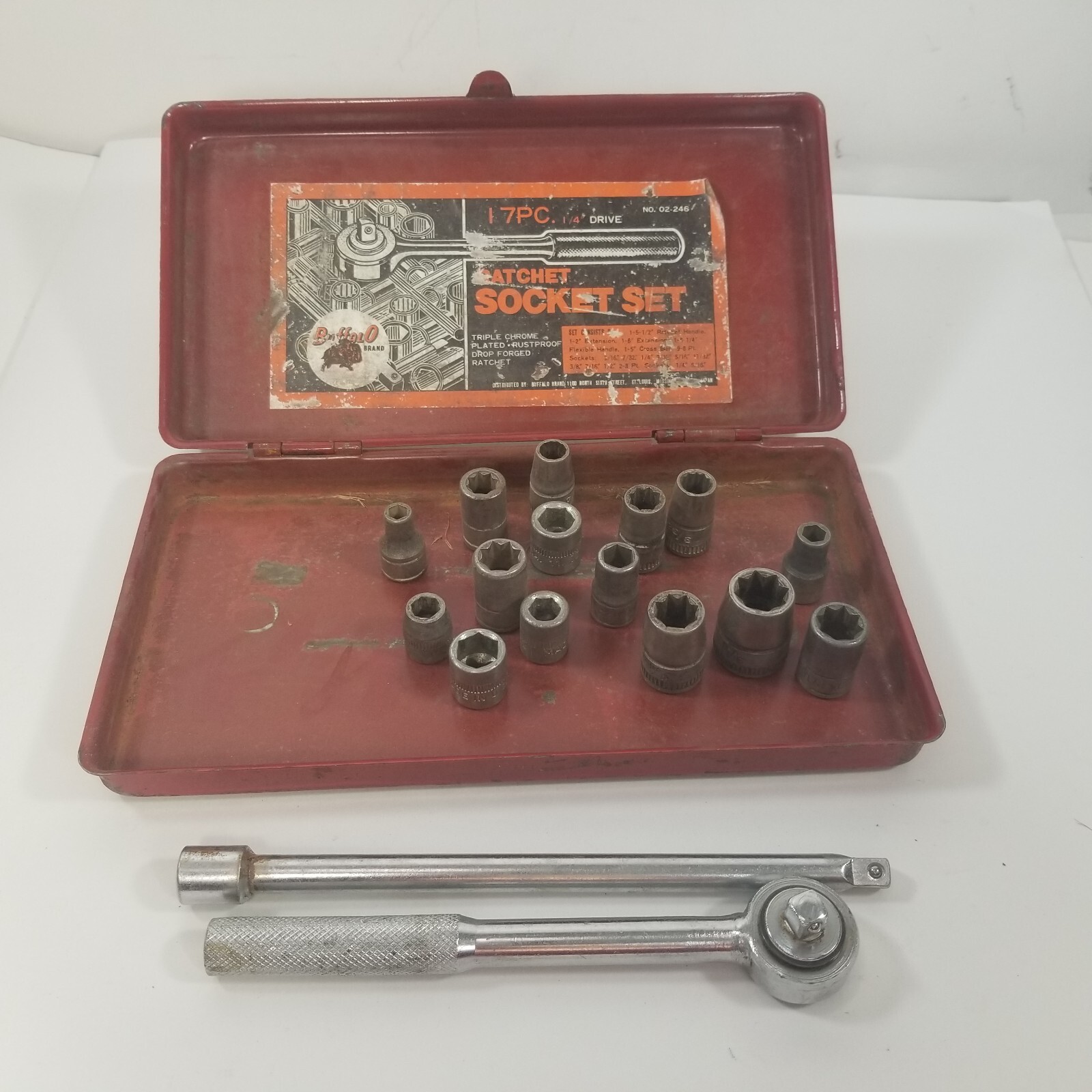 Vintage Buffalo Ratchet & Socket Set 17Piece 1/4″ Drive w/ Metal Case