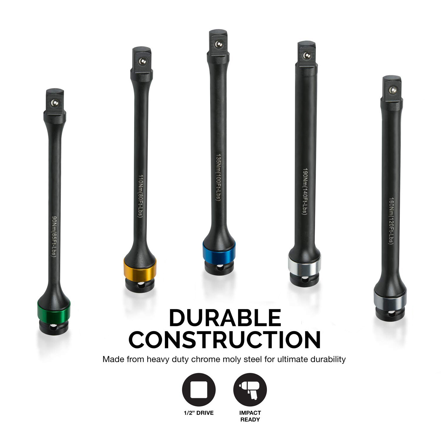 5pc 1/2″ Drive Torque Limiting Extension Bar 8″ Length 65-140 Ft/Lbs (90-190Nm)
