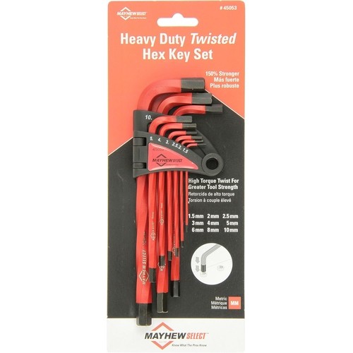 Mayhew 45053 Metric Twisted Hex Key Set, 10″ Overall Length, 9-Pieces