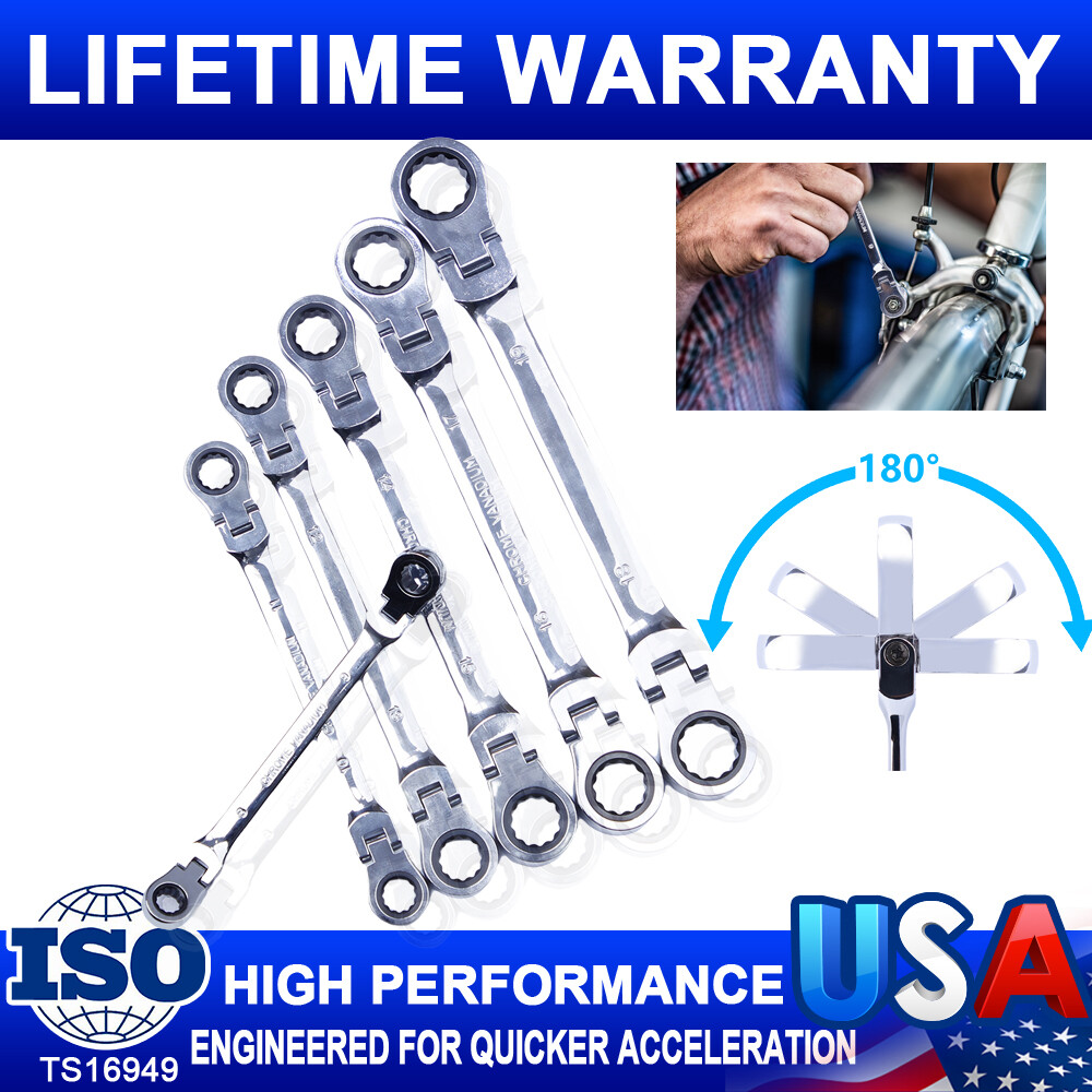 6 New 8-19mm Ratcheting Wrench Combination Metric Flexible Head Spanner Tool Set