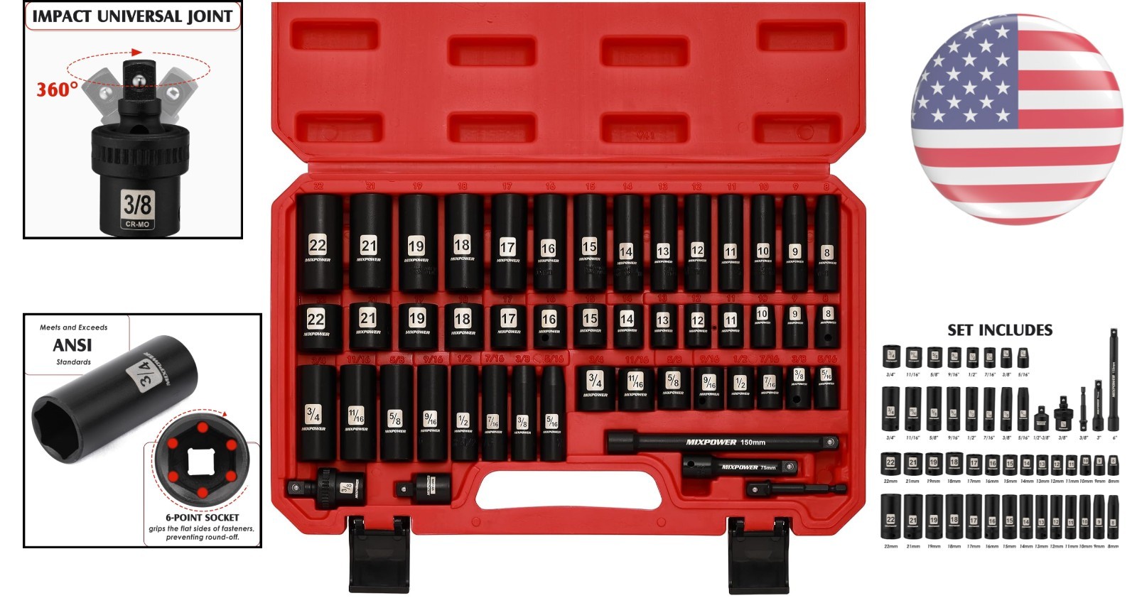 49-Piece 3/8″ Drive Deep Impact Socket Set – Chrome Vanadium Durability