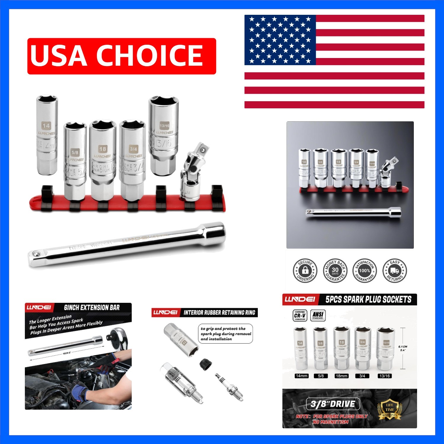 3/8 Inch Drive Spark Plug Socket Set SAE & Metric, High Visibility 6 Point So…