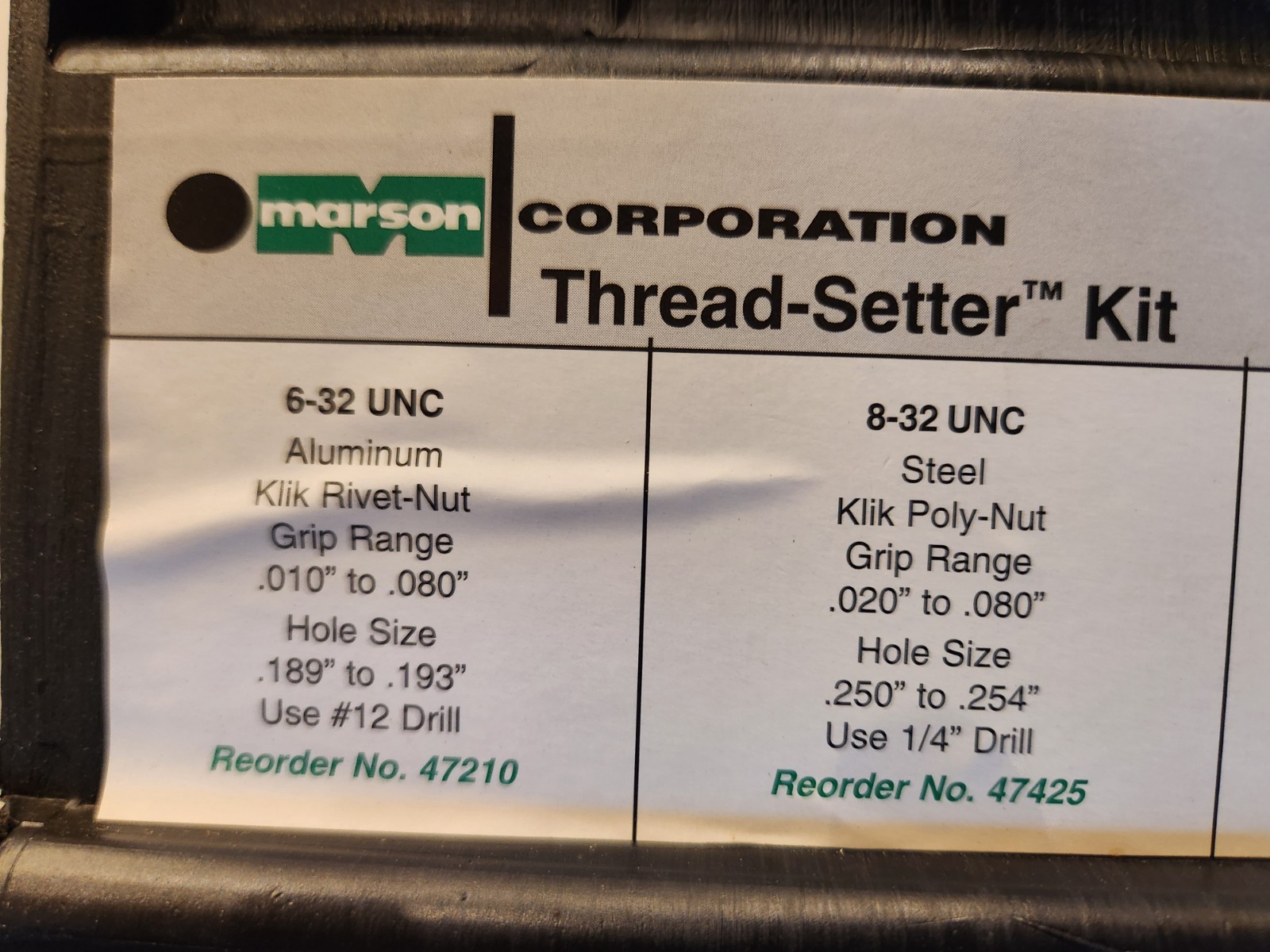 Marson Corp – Thread Setter Kit #34501 – Contains Steel & Aluminum Nuts – Used