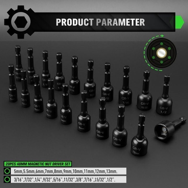 20-Piece Magnetic Nut Driver Set, Metric & SAE 1/4″ Hex Shank, Drill Socket Set,