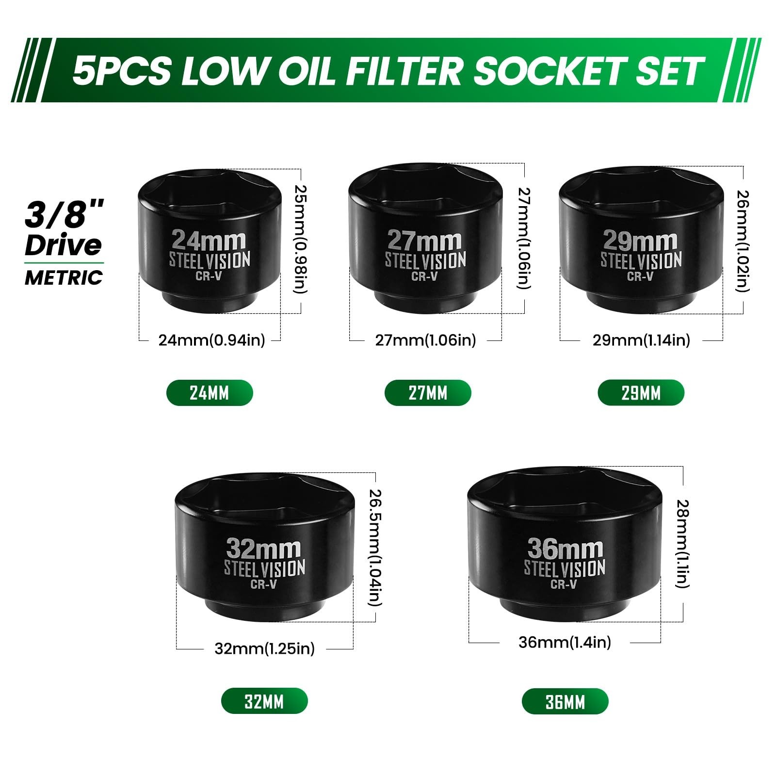 5-Piece Low Profile Oil Filter Socket Set, 3/8″ Drive, Metric 24mm-36mm, Chrome