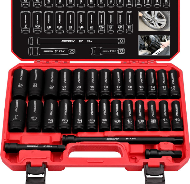 29-Piece 1/2″ Drive Impact Socket Set, SAE & Metric with Extension Bars