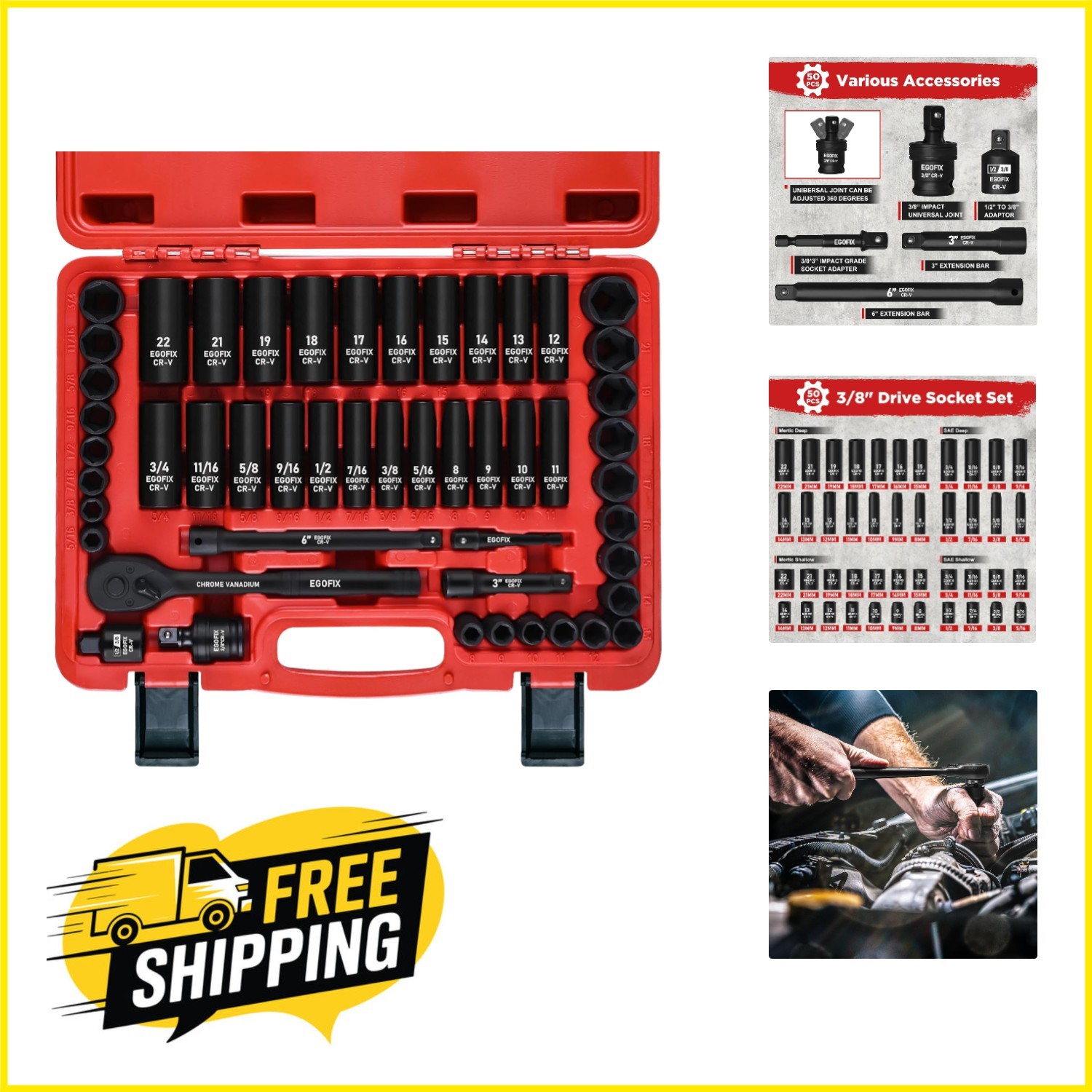 Durable 3/8″ Drive Socket Set – 50 Piece Impact Tools with Ratchet & Extensions