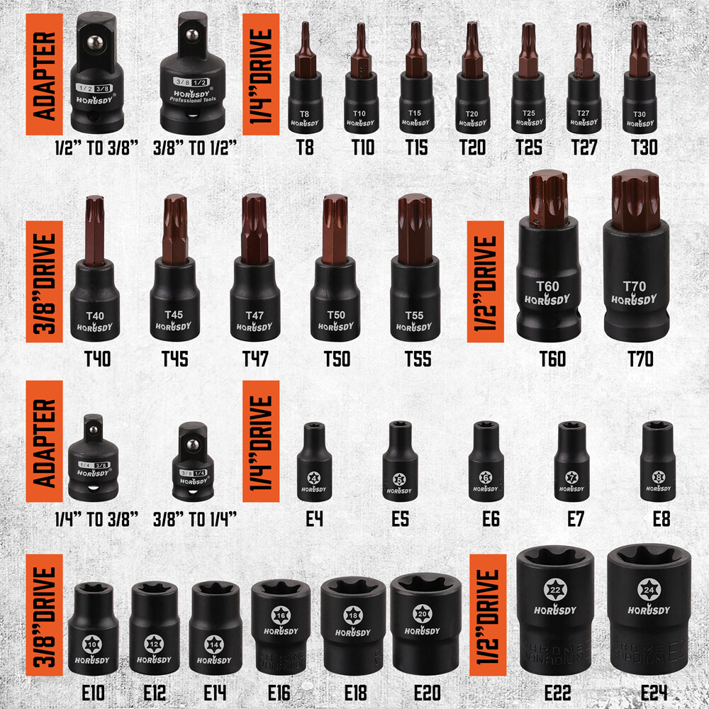 31PC Torx Bit & Female External Socket Set T8- T70 E4-E24 Impact Socket Adapters