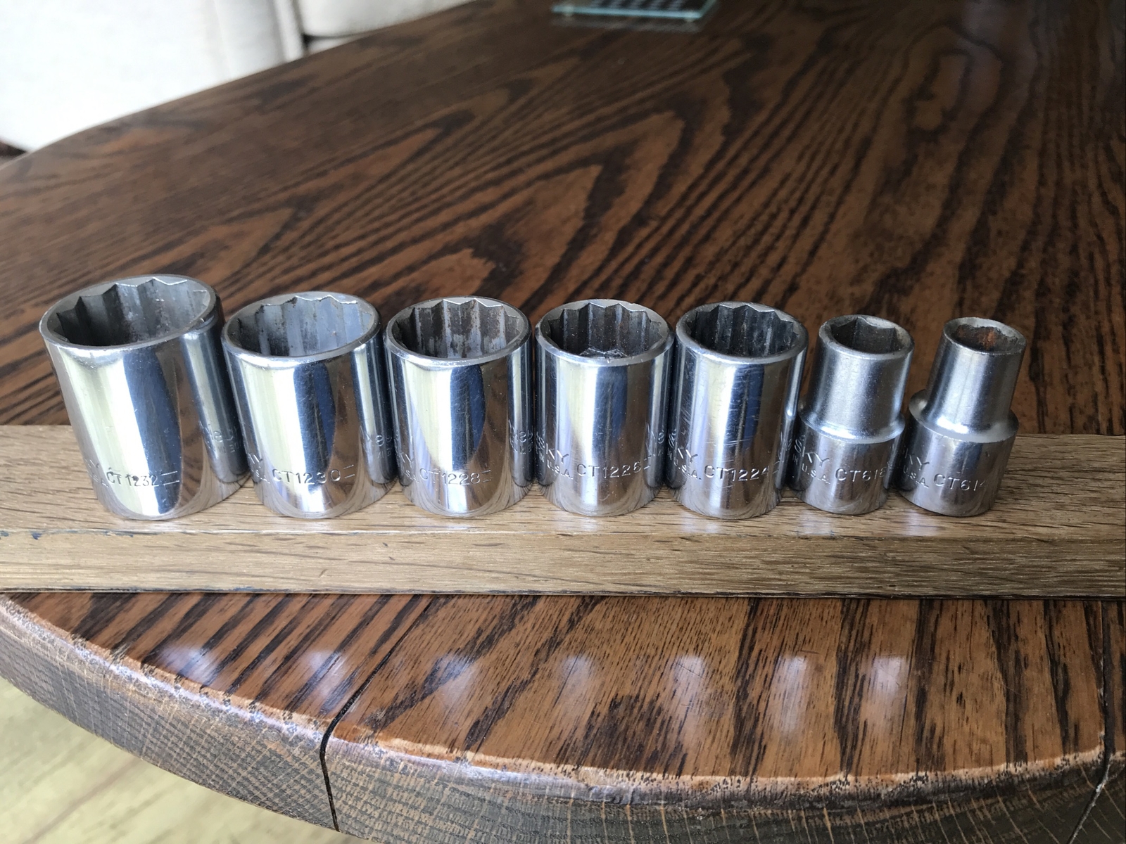 7 Vintage USA Husky Sockets With 1/2” Drive 1” To 7/16” AF CT Series.