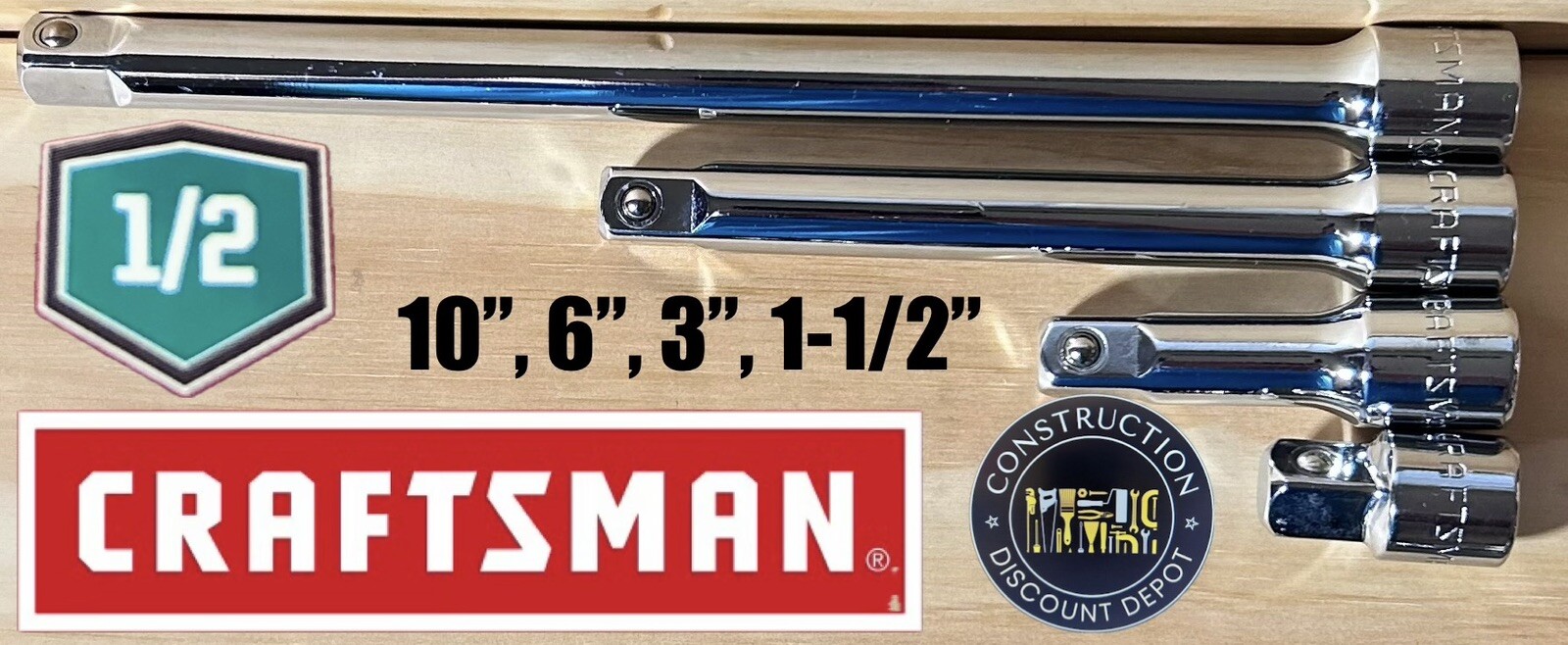 FREE SHIPPING New CRAFTSMAN Set of 4 Extension Bar 1/2″ Drive x 1-1/2″ 10″ 6″ 3″