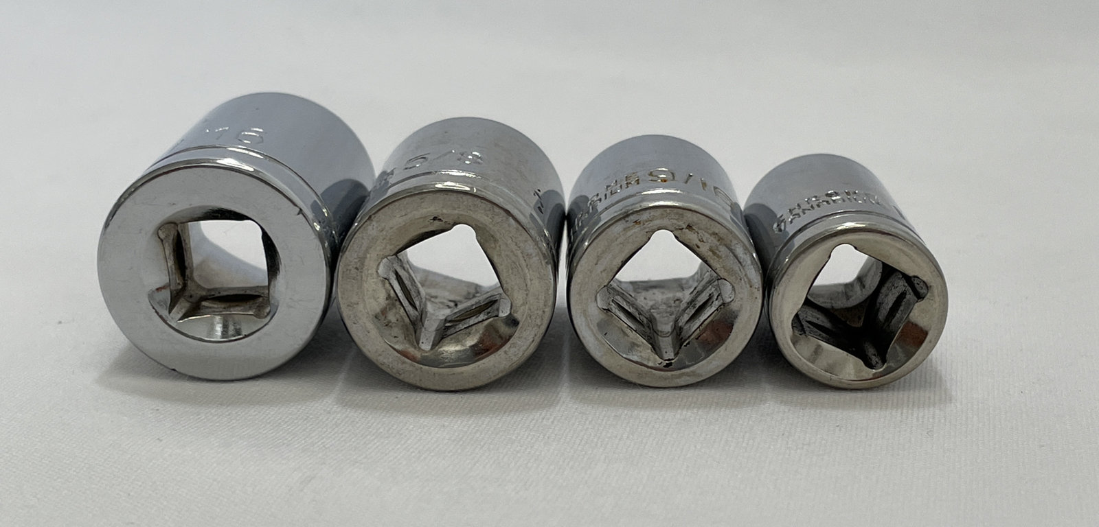 Vintage Chrome Vanadium 3/8”Drive SAE 11/16”,5/8”,9/16”,1/2” – 6pts Lot Of 4
