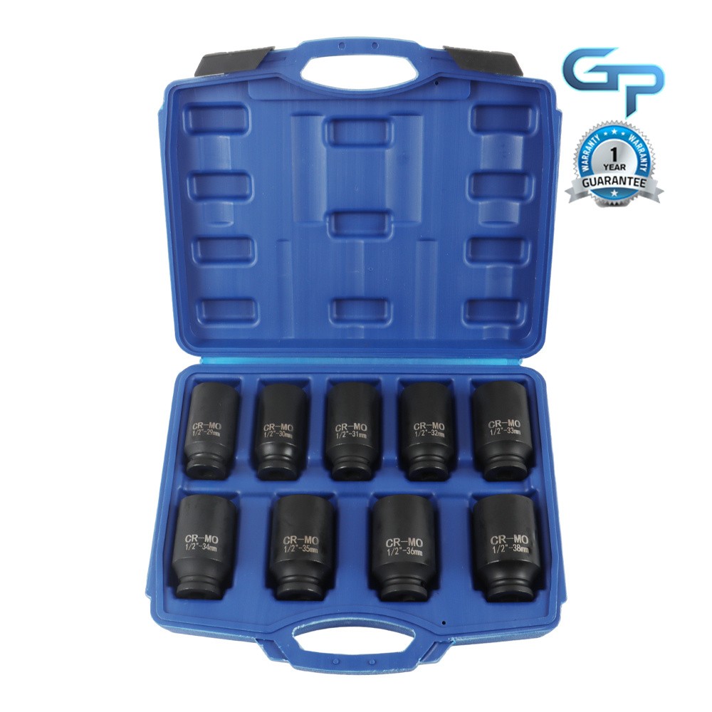 9pcs 1/2″ Drive Metric Axle Hub Nut Socket Deep Impact Socket Tool 29-38mm Kit