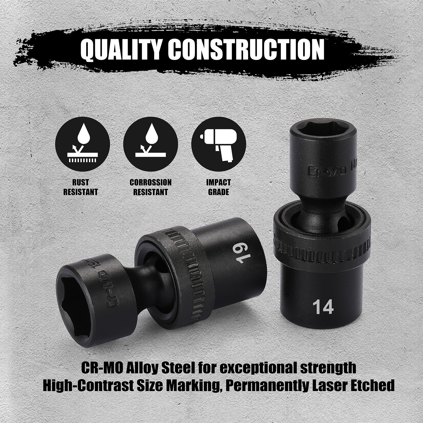15 Piece 1/2″ Drive 6 Point Universal Flex Impact Socket Set, Metric, 10mm- 24mm
