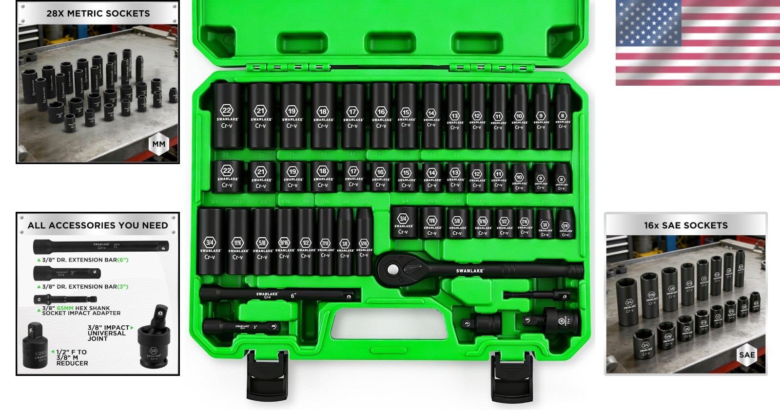 Swanlake 3/8» Drive Impact Socket Set, 50-Piece