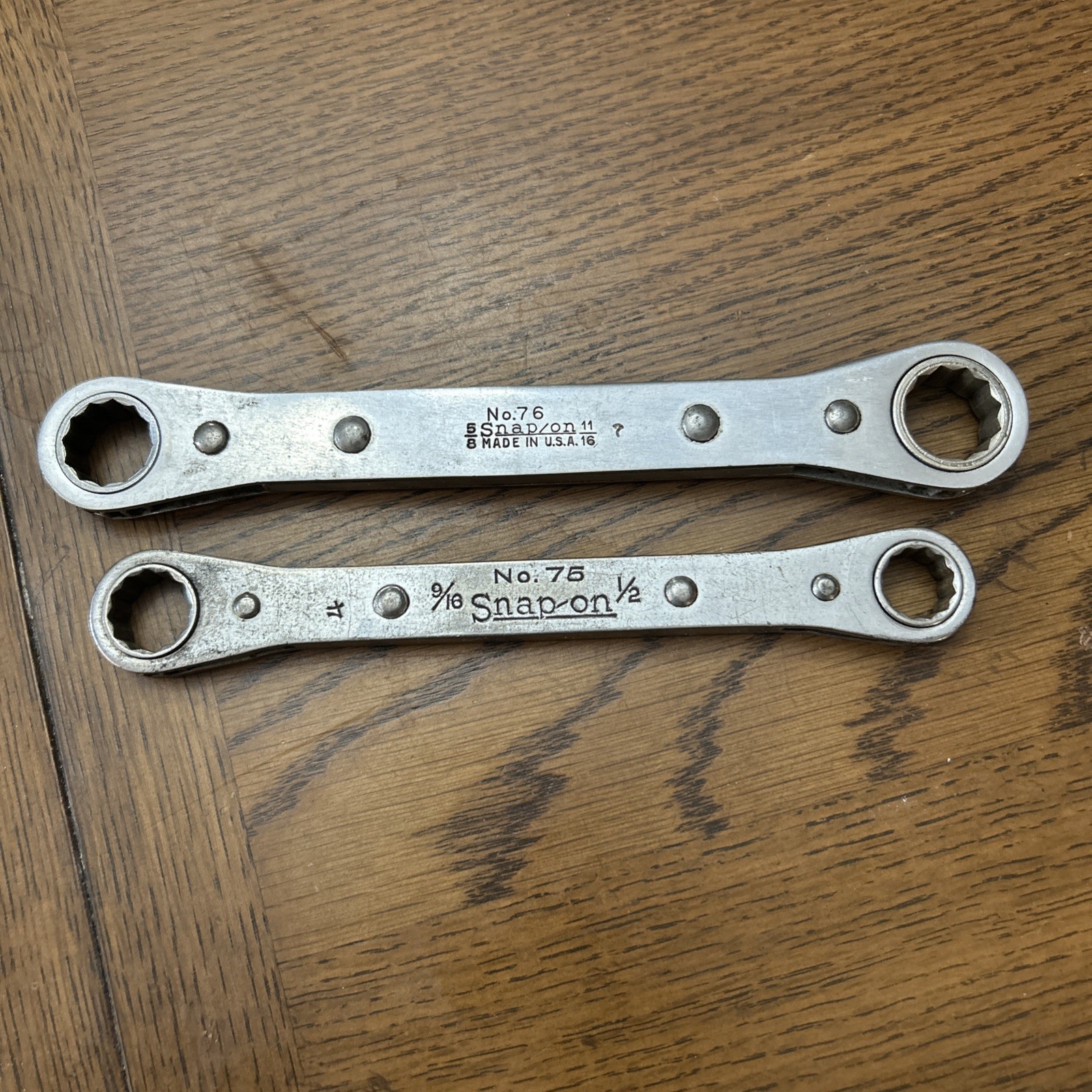 2 Vintage 1950s Snap-On Tools Ratcheting Box Wrenches 75-76 1/2×9/16 & 5/8×11/16