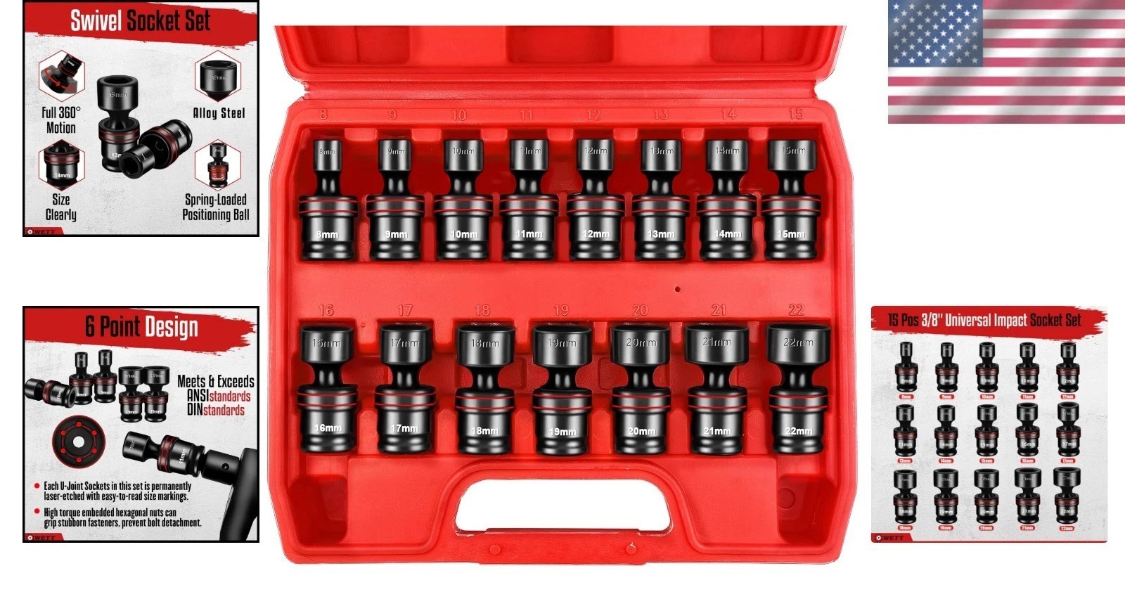 15PC 3/8″DR.Universal Swivel Deep Impact Socket Set(METRIC)PRO Radius 8-22mm Set