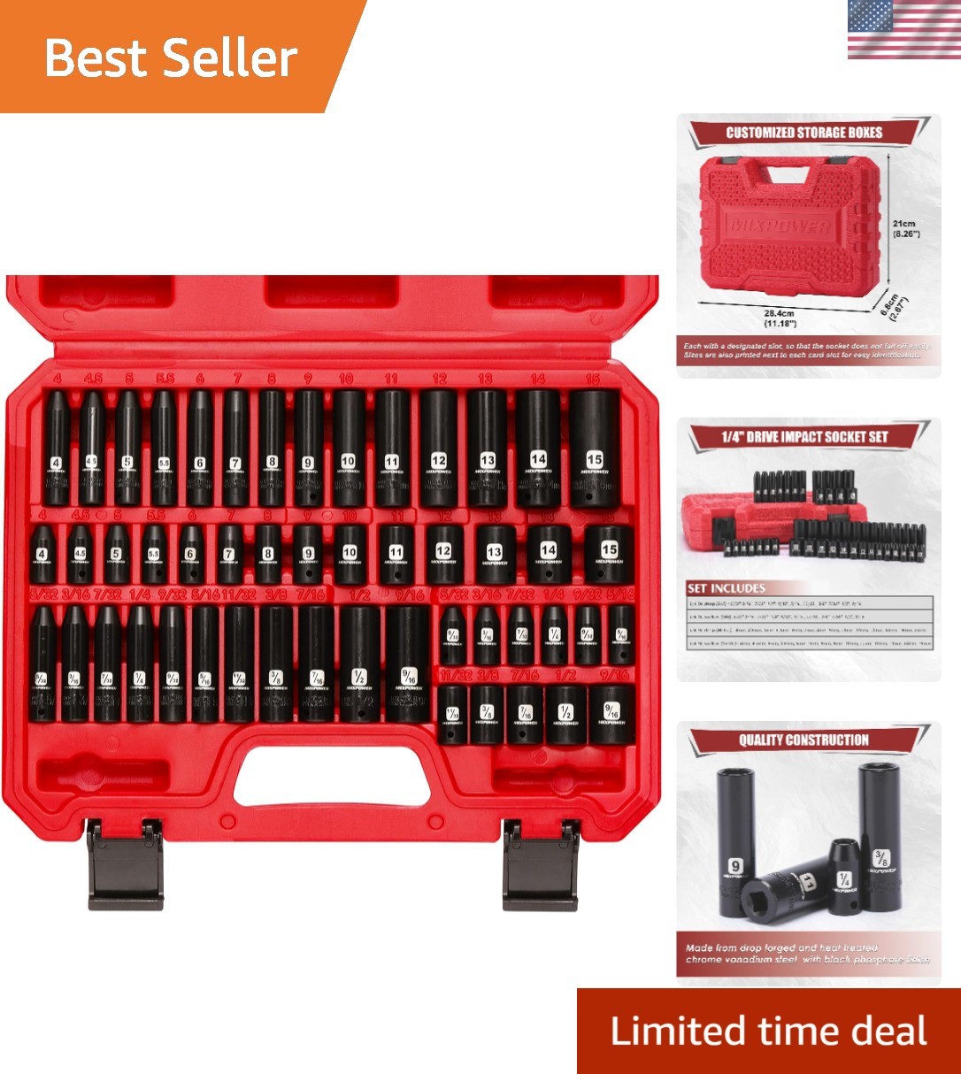Comprehensive 50-Piece Impact Socket Set with High-Torque 6-Point Drive Features