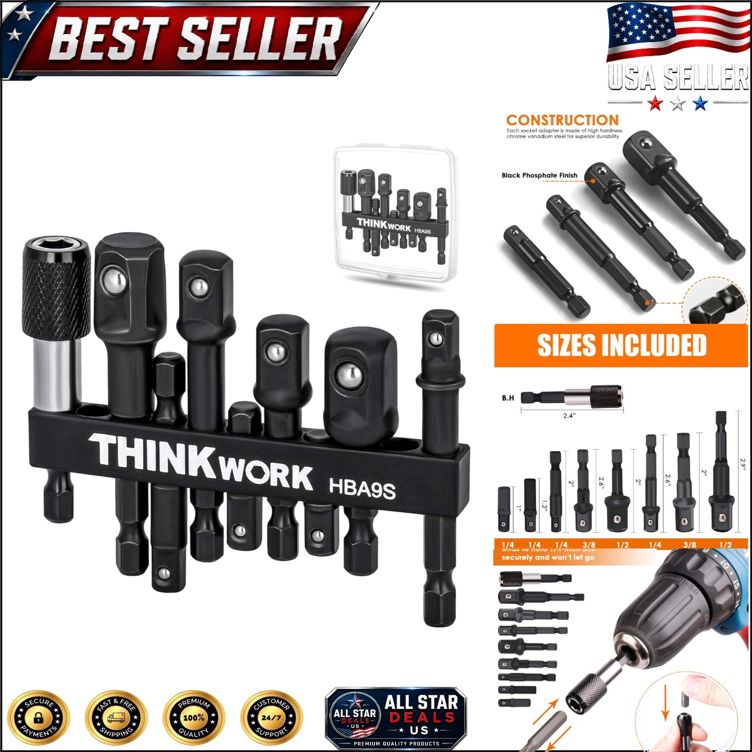 Impact Drill Adapter Set – 1/4″ Hex Shank, 9 Pieces for Power Tools