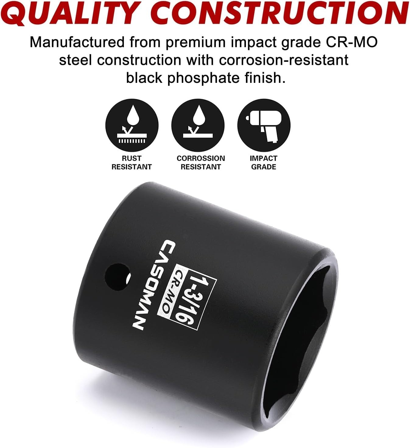 1/2″ Drive x 1-3/16″ Impact Socket, 6-Point, SAE, CR-MO