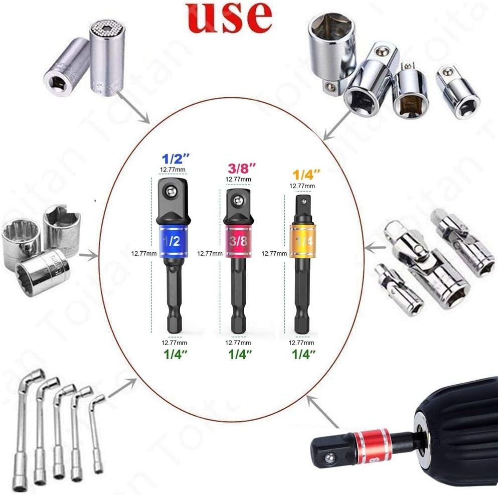 Versatile 1/4, 3/8, 1/2 Inch Hex Socket Adapters with Right Angle Extension Tool